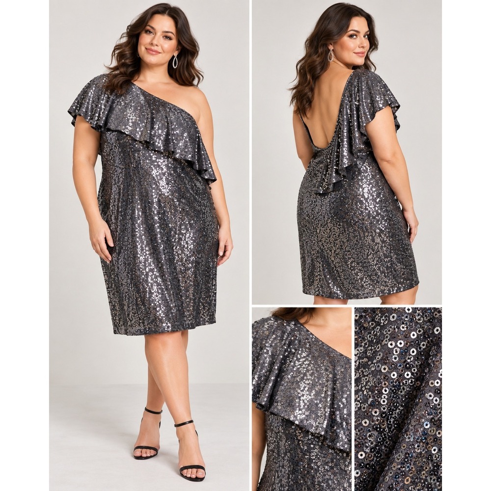 Kensie Lead Gray Sequin One Shoulder Ruffle Cocktail Dress XL KSDK8110 NEW